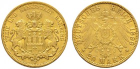 Deutsche Münzen und Medaillen ab 1871 
 Reichsgoldmünzen 
 Hamburg 
 20 Mark 1899 J. J. 212.
 kleine Randfehler, sehr schön-vorzüglich