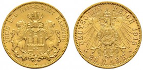 Deutsche Münzen und Medaillen ab 1871 
 Reichsgoldmünzen 
 Hamburg 
 20 Mark 1913 J. J. 212.
 vorzüglich-Stempelglanz