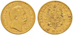 Deutsche Münzen und Medaillen ab 1871 
 Reichsgoldmünzen 
 Hessen 
 Ludwig III. 1848-1877. 10 Mark 1876 H. J. 216.
 gutes sehr schön