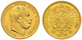 Deutsche Münzen und Medaillen ab 1871 
 Reichsgoldmünzen 
 Preußen 
 Wilhelm I. 1861-1888. 10 Mark 1873 A. J. 242.
 winzige Randunebenheiten, fast...