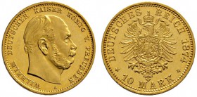 Deutsche Münzen und Medaillen ab 1871 
 Reichsgoldmünzen 
 Preußen 
 Wilhelm I. 1861-1888. 10 Mark 1874 A. J. 245.
 minimale Kratzer, Polierte Pla...