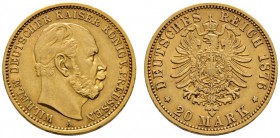 Deutsche Münzen und Medaillen ab 1871 
 Reichsgoldmünzen 
 Preußen 
 Wilhelm I. 1861-1888. 20 Mark 1876 A. J. 246.
 sehr schön-vorzüglich