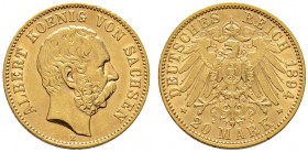 Deutsche Münzen und Medaillen ab 1871 
 Reichsgoldmünzen 
 Sachsen 
 Albert 1873-1902. 20 Mark 1894 E. J. 264.
 sehr schön-vorzüglich/vorzüglich...