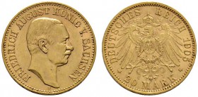 Deutsche Münzen und Medaillen ab 1871 
 Reichsgoldmünzen 
 Sachsen 
 Friedrich August III. 1904-1918. 20 Mark 1905 E. J. 268.
 kleine Kratzer, seh...