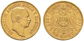 Deutsche Münzen und Medaillen ab 1871 
 Reichsgoldmünzen 
 Sachsen 
 Friedrich August III. 1904-1918. 20 Mark 1905 E. J. 268.
 sehr schön-vorzügli...