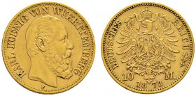 Deutsche Münzen und Medaillen ab 1871 
 Reichsgoldmünzen 
 Württemberg 
 Karl 1864-1891. 10 Mark 1873 F. J. 289.
 kleiner Randfehler, sehr schön-v...