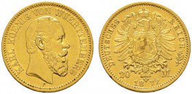 Deutsche Münzen und Medaillen ab 1871 
 Reichsgoldmünzen 
 Württemberg 
 Karl 1864-1891. 20 Mark 1872 F. J. 290.
 sehr schön-vorzüglich