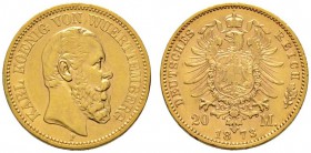Deutsche Münzen und Medaillen ab 1871 
 Reichsgoldmünzen 
 Württemberg 
 Karl 1864-1891. 20 Mark 1873 F. J. 290.
 sehr schön-vorzüglich