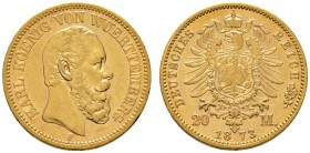 Deutsche Münzen und Medaillen ab 1871 
 Reichsgoldmünzen 
 Württemberg 
 Karl 1864-1891. 20 Mark 1873 F. J. 290.
 gutes sehr schön