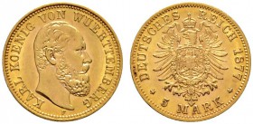 Deutsche Münzen und Medaillen ab 1871 
 Reichsgoldmünzen 
 Württemberg 
 Karl 1864-1891. 5 Mark 1877 F. J. 291.
 vorzüglich-Stempelglanz