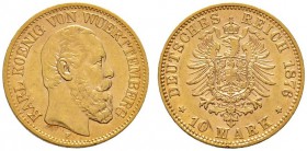 Deutsche Münzen und Medaillen ab 1871 
 Reichsgoldmünzen 
 Württemberg 
 Karl 1864-1891. 10 Mark 1876 F. J. 292.
 sehr schön-vorzüglich