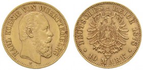 Deutsche Münzen und Medaillen ab 1871 
 Reichsgoldmünzen 
 Württemberg 
 Karl 1864-1891. 10 Mark 1878 F. J. 292.
 sehr schön-vorzüglich