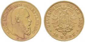 Deutsche Münzen und Medaillen ab 1871 
 Reichsgoldmünzen 
 Württemberg 
 Karl 1864-1891. 10 Mark 1888 F. J. 292.
 sehr schön