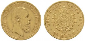 Deutsche Münzen und Medaillen ab 1871 
 Reichsgoldmünzen 
 Württemberg 
 Karl 1864-1891. 20 Mark 1874 F. J. 293.
 sehr schön