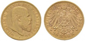 Deutsche Münzen und Medaillen ab 1871 
 Reichsgoldmünzen 
 Württemberg 
 Wilhelm II. 1891-1918. 10 Mark 1896 F. J. 295.
 sehr schön-vorzüglich...