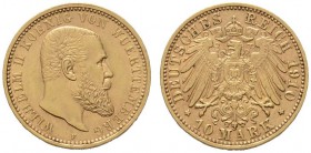 Deutsche Münzen und Medaillen ab 1871 
 Reichsgoldmünzen 
 Württemberg 
 Wilhelm II. 1891-1918. 10 Mark 1910 F. J. 295.
 vorzüglich