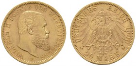 Deutsche Münzen und Medaillen ab 1871 
 Reichsgoldmünzen 
 Württemberg 
 Wilhelm II. 1891-1918. 20 Mark 1900 F. J. 296.
 sehr schön-vorzüglich...