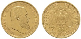 Deutsche Münzen und Medaillen ab 1871 
 Reichsgoldmünzen 
 Württemberg 
 Wilhelm II. 1891-1918. 20 Mark 1905 F. J. 296.
 winzige Kratzer, vorzügli...