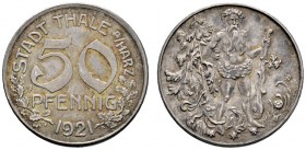 Deutsche Münzen und Medaillen ab 1871 
 Städtenotmünzen 
 Thale am Harz. Silberabschlag der 50 Pfennig 1921. Wertangabe und Jahreszahl / Von vorn st...