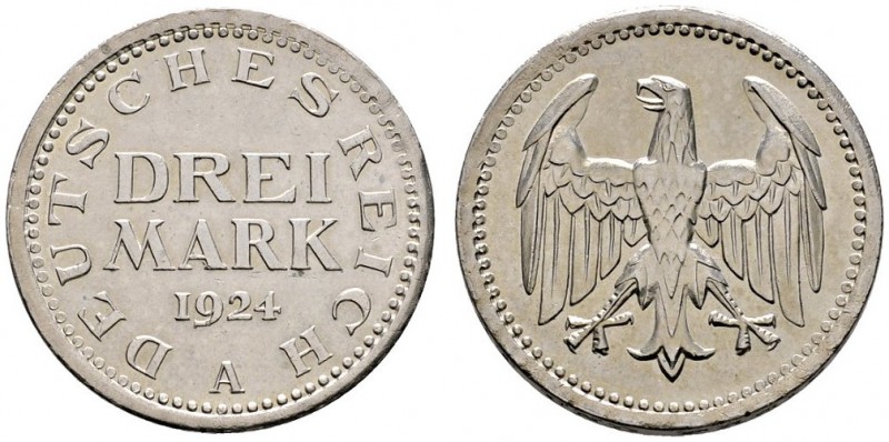 Deutsche Münzen und Medaillen ab 1871 
 Weimarer Republik 
 3 Mark 1924 A. J. ...