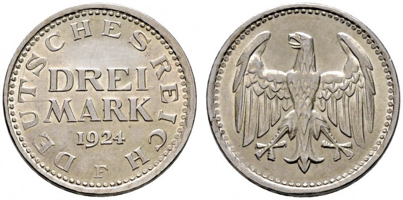 Deutsche Münzen und Medaillen ab 1871 
 Weimarer Republik 
 3 Mark 1924 F. J. ...