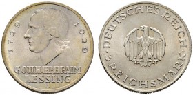 Deutsche Münzen und Medaillen ab 1871 
 Weimarer Republik 
 3 Reichsmark 1929 A. Lessing. J. 335.
 leichte Tönung, winzige Randfehler, Stempelglanz...
