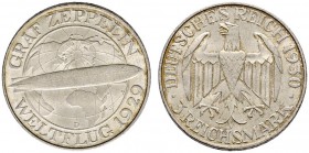 Deutsche Münzen und Medaillen ab 1871 
 Weimarer Republik 
 3 Reichsmark 1930 D. Zeppelin. J. 342.
 leichte Tönung, vorzüglich-Stempelglanz