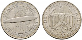Deutsche Münzen und Medaillen ab 1871 
 Weimarer Republik 
 5 Reichsmark 1930 D. Zeppelin. J. 343.
 leichte Tönung, vorzüglich-Stempelglanz