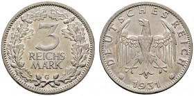 Deutsche Münzen und Medaillen ab 1871 
 Weimarer Republik 
 3 Reichsmark 1931 G. Kursmünze. J. 349.
 winzige Kratzer, vorzüglich-prägefrisch