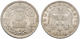 Deutsche Münzen und Medaillen ab 1871 
 Weimarer Republik 
 3 Reichsmark 1931 A. Kursmünze. J. 349.
 sehr schön-vorzüglich