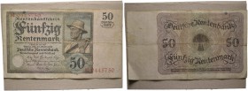 Deutsche Münzen und Medaillen ab 1871 
 Weimarer Republik 
 Rentenbankschein zu 50 RENTENMARK. Berlin, 20. März 1925. Sensenmann. Serie Q. Rosenberg...