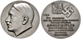 Deutsche Münzen und Medaillen ab 1871 
 Drittes Reich 
 Mattierte Silbermedaille 1939 von Krischker, auf den 50. Geburtstag Adolf Hitlers - gestifte...