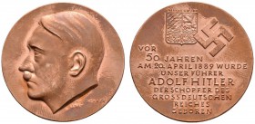 Deutsche Münzen und Medaillen ab 1871 
 Drittes Reich 
 Kupfermedaille 1939 von Krischker, auf den 50. Geburtstag von A. Hitler. Wie vorher. Colbert...