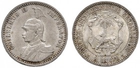 Deutsche Münzen und Medaillen ab 1871 
 Nebengebiete 
 Deutsch-Ostafrika 
 1/4 Rupie 1891. J. 711.
 feine Patina, vorzüglich-Stempelglanz