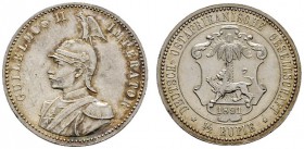 Deutsche Münzen und Medaillen ab 1871 
 Nebengebiete 
 Deutsch-Ostafrika 
 1/2 Rupie 1891. J. 712.
 feine Tönung, leichte Kratzer auf dem Avers, f...