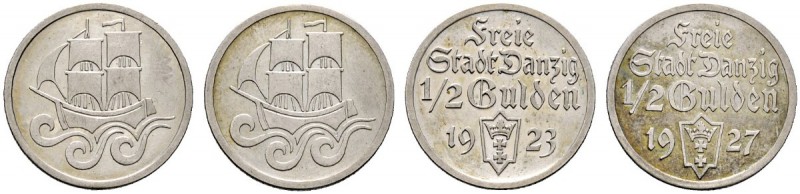 Deutsche Münzen und Medaillen ab 1871 
 Danzig 
 Lot (2 Stücke): 1/2 Gulden 19...