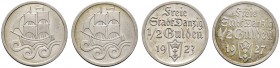 Deutsche Münzen und Medaillen ab 1871 
 Danzig 
 Lot (2 Stücke): 1/2 Gulden 1923 und 1927. J. D 6.
 vorzüglich