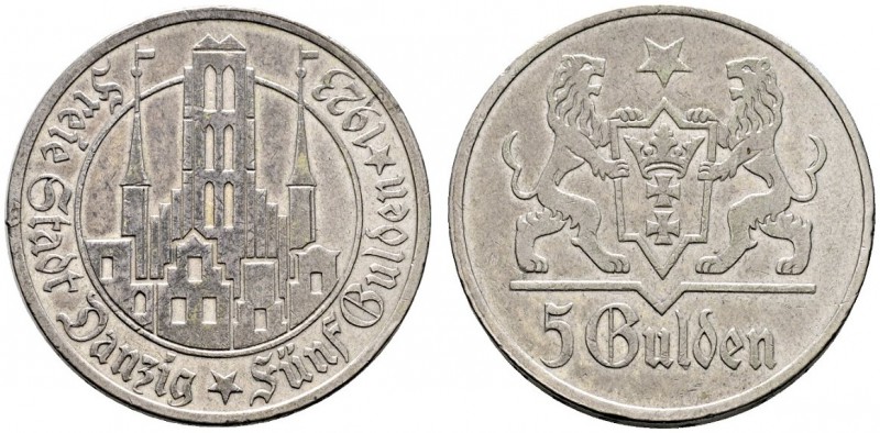 Deutsche Münzen und Medaillen ab 1871 
 Danzig 
 5 Gulden 1923. Marienkirche. ...