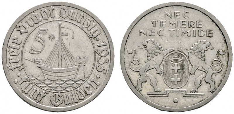 Deutsche Münzen und Medaillen ab 1871 
 Danzig 
 5 Gulden 1935. Kogge. -Nickel...