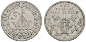 Deutsche Münzen und Medaillen ab 1871 
 Danzig 
 5 Gulden 1935. Kogge. -Nickel-. J. D 19.
 kleine Kratzer, gutes sehr schön