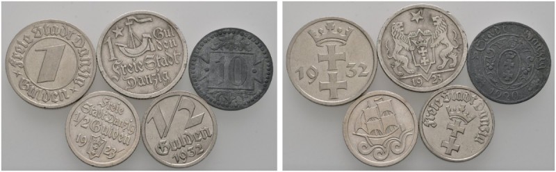Deutsche Münzen und Medaillen ab 1871 
 Danzig 
 Lot (5 Stücke): 1 Gulden 1923...
