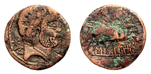 SEKOBIRIKES. Denario híbrido forrado. Anverso de un denario de Bolscan y reverso...