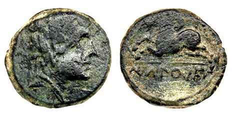 IKALESKEN. Mitad. A/ Cabeza masculina a der. R/ Caballo galopando a izq., encima...