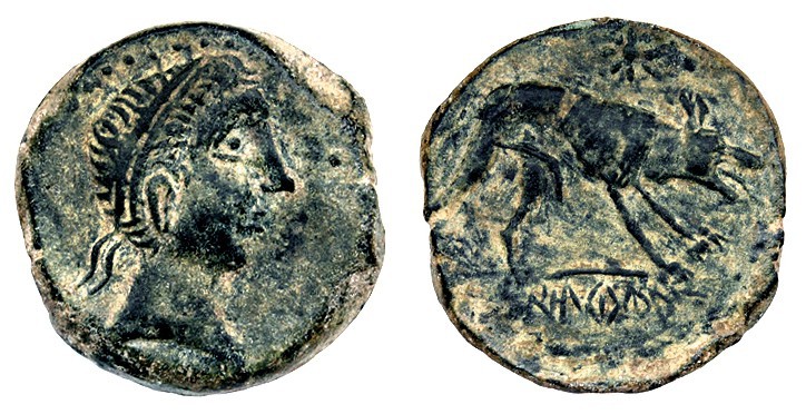 ILTIRAKA. As. A/ Cabeza masculina diademada con ínfulas a der. R/ Lobo a der., e...