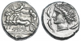 SICILIA. Panormos. Tetradracma (340-320 a.C.). A/ Cuádriga a izq. conducida por auriga y coronada por Nike, en el exergo SYS, en púnico. R/ Cabeza de ...