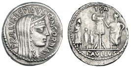 AEMILIA. Denario. Roma (62 a.C.). A/ Cabeza velada y diademada de la Concordia a der., alrededor; PAVLLVS LEPIDV CONCORDIA. R/ TER, en el exergo: PAVL...
