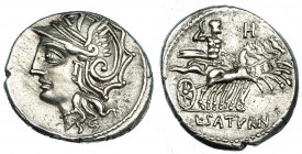 APPULEIA. Denario. Roma (104 a.C.). R/ Saturno en cuádriga a der., encima letra y debajo: L.SATVRN. FFC-162. SB-1 vte. MBC+.
