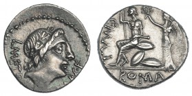 CAECILIA. Denario. Roma (96 a.C.). A/ Cabeza de Apolo a der., detrás: L. METE(L.), delante: (A.AL)B.SF. R/ C. MALL., en exergo: ROMA. FFC-212. SB-46a....
