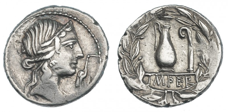 CAECILIA. Denario, Hispania (81 a.C.): R/ Jarra y lituo, en el exergo: IMPER, to...
