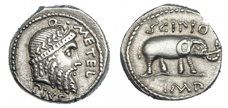 CAECILIA. Denario. África (47-46 a.C.). A/ Cabeza laureada de Júpiter a der.; Q....